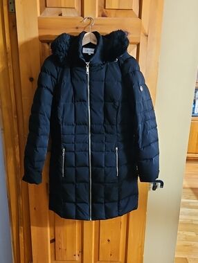 Calvin Klein Black Quilted Long Puffer Coat with Faux Fur Trimmed Hood